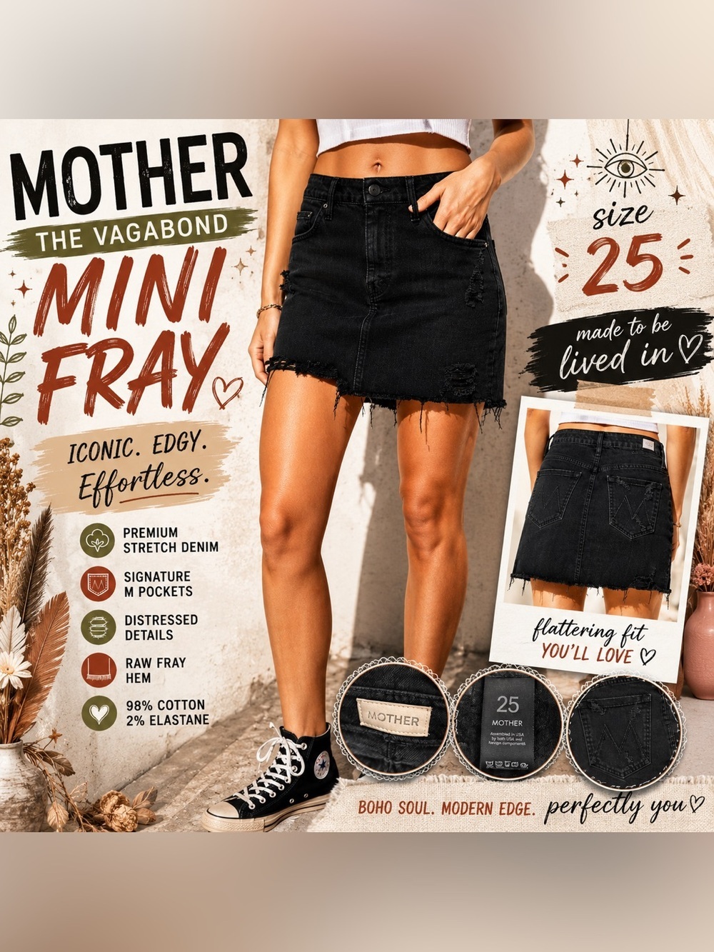 MOTHER The Vagabond Mini Fray Black Distressed Denim Skirt 25